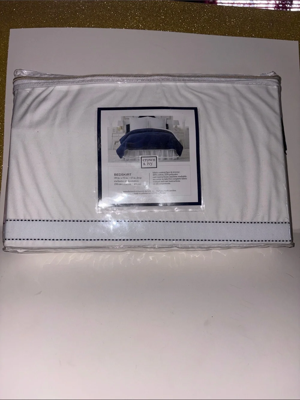 crown & ivy White Bedskirt with Navy Trim